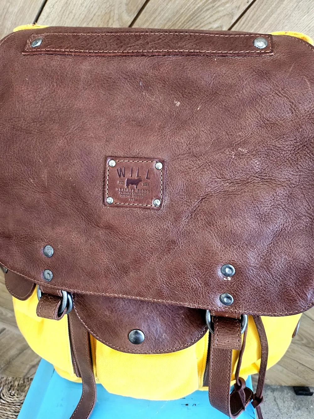 Will Leather Goods Yellow Canvas and Brown Leather Backpack NEW